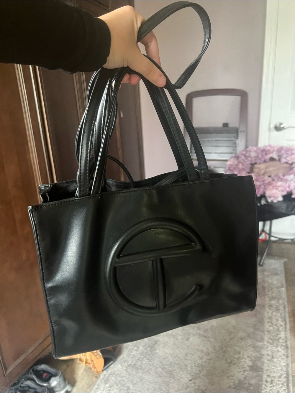 Black Telfar Tote Bag with Embossed Logo Detail